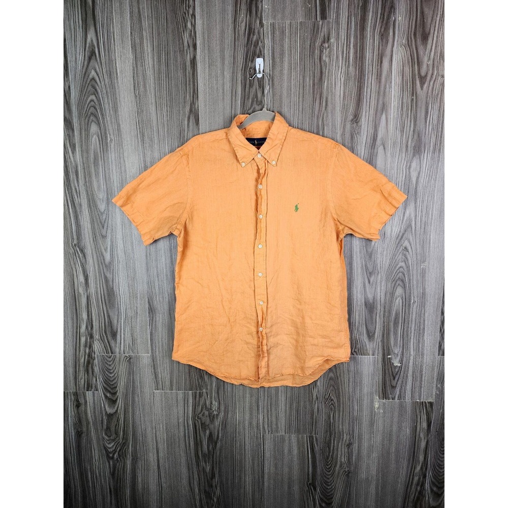 Polo Ralph Lauren Mens Orange 100% Linen Short Sleeve Button Down Shirt Size M